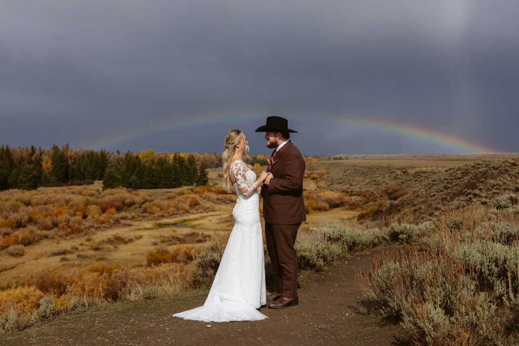 A couple on during their elopement at Blacktail Ponds Overlook in Grand Teton National Park