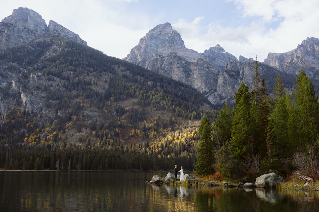 A couple on their wedding day at Taggart Lake in Grand Teton National Park
